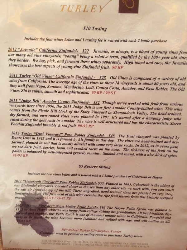 Turley Tasting Menu