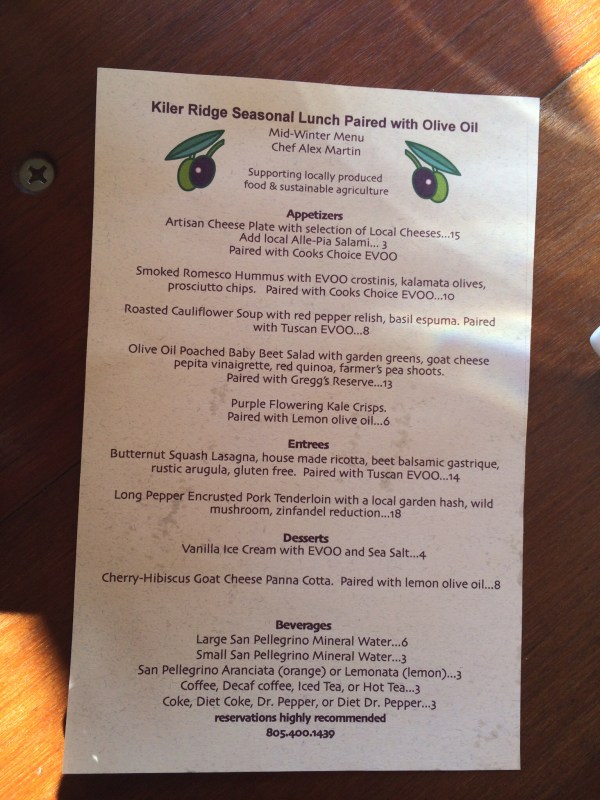 Kiler Ridge Pairing Menu